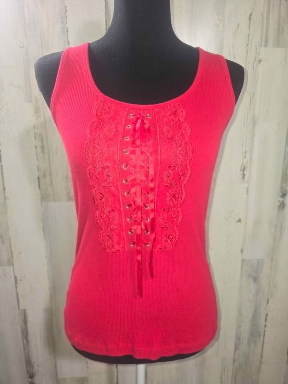VTG Y2K Fashion Bug Red Corset Laceup Ribbed Tank Top Size Medium